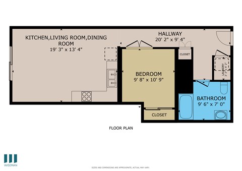 Floor plan for studio, 1 bath, 592 sqft